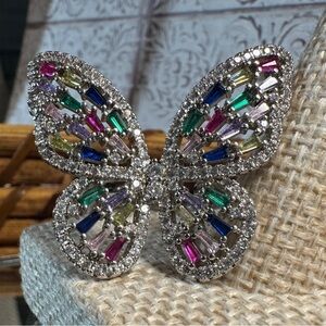 Multicolor Butterfly Baguette CZ Adjustable Ring